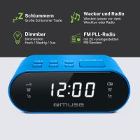MUSE M-10 BL Radiowecker mit LED-Display, Zwei Weckzeiten, dimmbar, digitaler UKW-Tuner, 20 Senderspeicher, blau