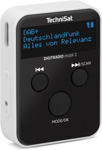 TechniSat DIGITRADIO mobil 2 – Portables DAB+/FM Mini-Radio mit integriertem Akku (wiederaufladbares Taschenradio, Kopfhörer, OLED Display, Favoritenspeicher) schwarz/weiß